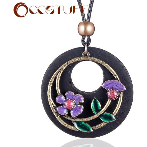 Vintage Black Wood Womens Jewelry Necklaces Flower Pendants Choker Statement Long Rope Chains Suspension Neck Decoration 2021