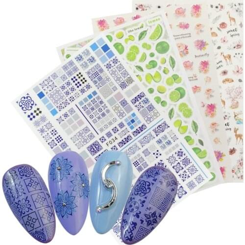 3D Stickers For Nails Geometric Flower Flamingo Cactus Fruit Slider Decals Purple Jewelry DIY Nail Art Decoration for Manicure