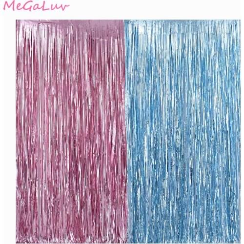 2pcs 1X3M Pink Blue Metallic Tinsel Gender Reveal Decor Foil Fringe Curtains Photo Booth Props Baby Shower Party Supplies