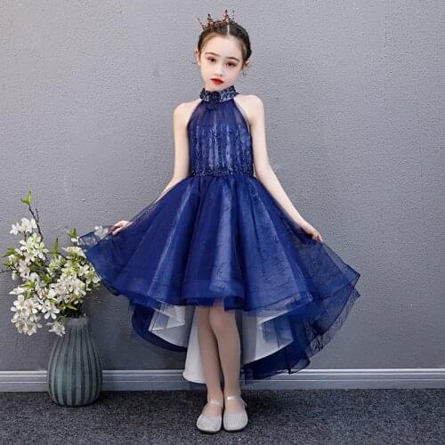 2021 Summer Tailing Bridesmaid Dress Kids Dresses For Girls Children Costume Princess Girl Party White Blue Pink Wedding Dress