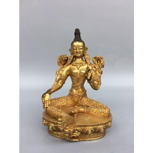 7"Tibet temple Old Bronze Gilt Green Tara Guanyin Bodhisattva statue Sitting Buddha Enshrine the Buddha