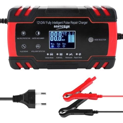 12V/24V 8A Motorcycle & Car Automatic Intelligent Battery Charger, EFB AGM GEL Pulse Repair Battery Charger with LCD Display