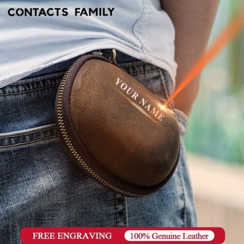 CONTACTS FAMILY Genuine Leather Earphone Case Portable Hard Storage Box Organizer for Earbud USB Cable Earphone Accessories bag