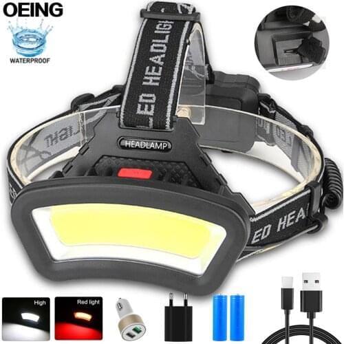 USB Rechargeable COB Headlamp Red White LED Headlight With Adjustment and 90°Rotate for Camping Outdoor Riding Night Fishing