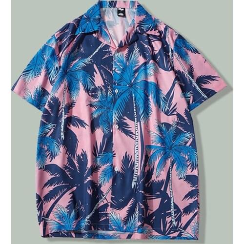 Hawaiian Coconut Tree Print Short Sleeve Shirts Men Harajuku Streetwear Loose Beach Casual Top Summer Hip Hop Beach Casual Shirt