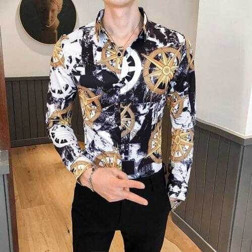 British Style Autumn Shirts For Men Fashion 2020 Vintage Print Tuxedo Shirt Dress Long Sleeve All Match Night Club Prom Blouses