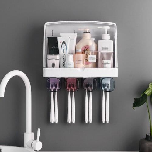 Cosmetic Storage Box Bathroom Organizer Toothbrush Holder Mouthwash Cup Holder Set Large Capacity Wall-mounted Shelf Free Punch