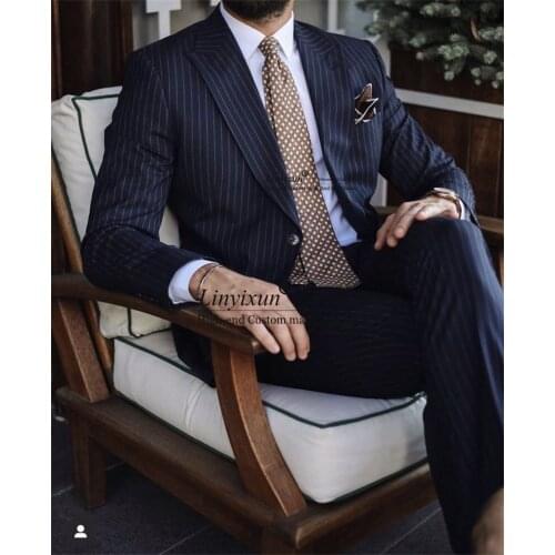New Dark Blue Stripe Men Suits Costume Homme Mariage Slim Fit Groom Wedding Terno Masculino 2 Pieces Blazer (Jacket+Pant)