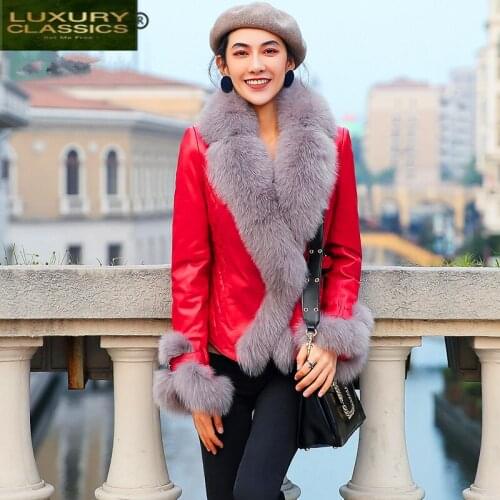 Leather Jacket Real Genuine Sheepskin Coat Female Winter Down Jacket Women Real Fox Fur Collar Warm Short Jackets D88-36