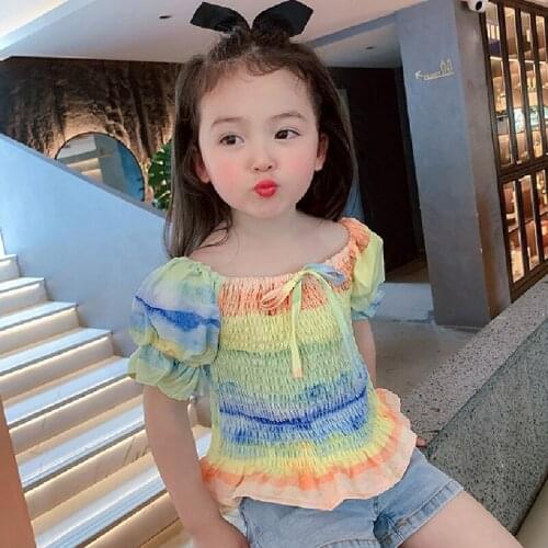 Summer New Baby Girl Blouse Korean Kids Toddler Puff Sleeve Pleated Cute Shirts Rainbow Color Fashion Tops for Girl Baby Clothes