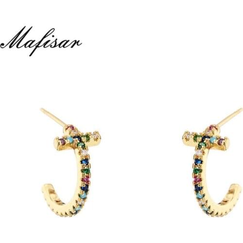 Mafisar Trendy Rainbow Color Cubic Zirconia Earring Jewelry Female Gold Color Cross Stud Earrings For Party