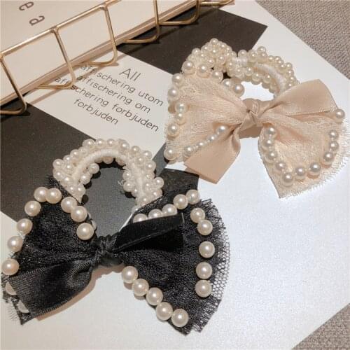 Fashion fabric pearl Bow Hair Ring Headband Elastic Rubber Band Hair Rope Headdress for women Hair Accessories
