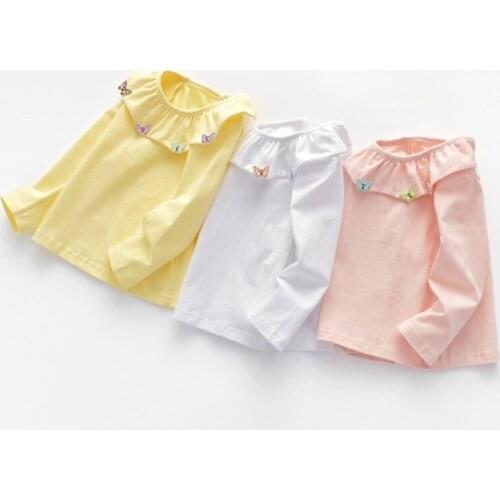 2018 Autumn New Baby Girls Turn Down Collar White T-shirts Long Sleeve T Shirt Bebe Girl Tops Clothes With Cute Butterflys