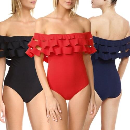 New Sexy Off Shoulder multiwall pleat Swimwear Women One Piece Swimsuit Female Bathing Suit Ruffle Bikini Flouncing Swim Wear