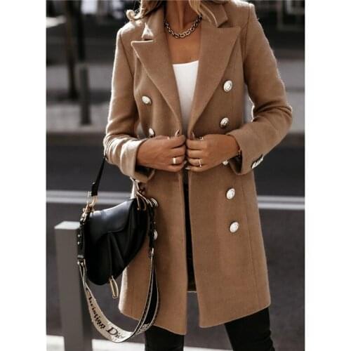 Autumn Winter Women Chic Wool Coats Double-breasted 2021 Solid Color Long Sleeve Notched Elegant Coat Jacket Ladies Wool Blends