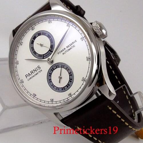 PARNIS Automatic Men Wristwatch White Dial Power Reserve Stainless Steel Case Leather Band ST Movement Seeing Through Backcover
