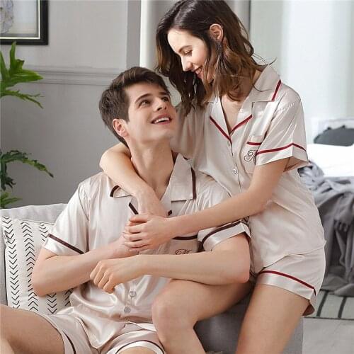 Couple Pajama Female Summer Satin Silk Male Sleepwear Thin Short Sleeve Ice Silk Pyjama Sets Plus Size Homewear Man Woman X9824