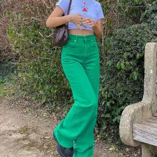 Y2K Summer Harajuku Straight Pants Women Streetwear Casual Loose High Waist Jeans Female Vintage Green Wide Leg Denim Trousers