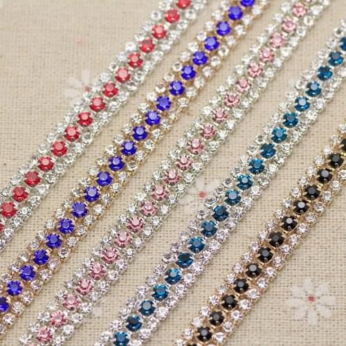 Colorful 3 rows Red crystal Rhinestone Cup Chain silver gold base Rhinestone Trim For DIY wedding dress garments bags decoration