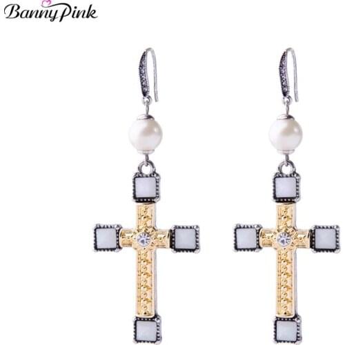 Banny Pink Vintage Metal Cross Drop Earrings For Women 2-Tone Color Pendant Earrings Chunky Geo Dangle Earring Christian Earring