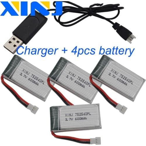 XINJ 4 pcs+charger 3.7V 600mAh 25C Li lithium polymer battery lipo cell for for Syma X5C X5SC RC Quadcopter Drone 752540