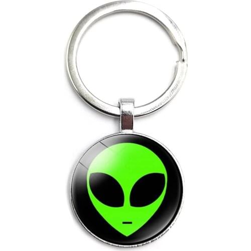 Funny Alien Key Ring Glass Cabochon Car Key Pendant Male and Female Keychain Gift Jewelry