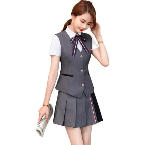 Novelty Grey Formal Women Business Suits with Skirt and Waist Coat & Vest OL Styles Office Ladies Career Blazers Clothing Set