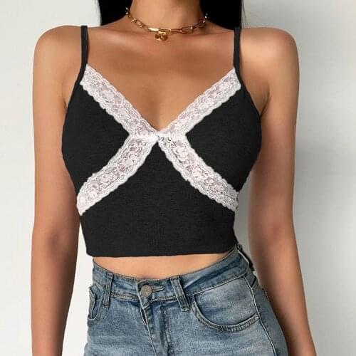Y2K Patchwork Lace Ribbed Crop Top 2021 Summer Sexy Backless V-neck Corset Tank Tops Women Spaghetti Straps Streetwear Camis Top
