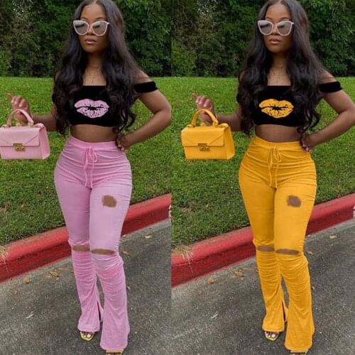 YICIYA Women Tracksuit Two Piece Set Plus Size Lips Crop Top And Hole Split Pant Matching Sets Lounge Wear Outfits Sweat Suits
