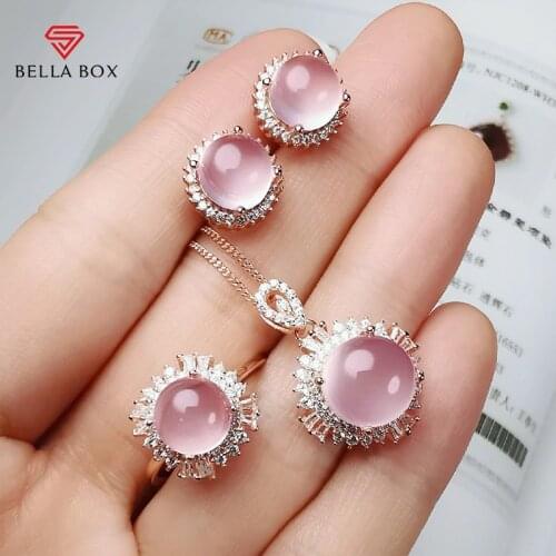 Bella Box 925 Sterling Silver Rose Quartz Jewelry Set For Women Pink Round Luxury Necklace Rings Earrings Wedding Jewelry Gifts