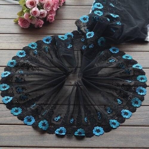 2 Yards Lace Trim Blue Flower Embroidered Black Tulle Lace 7.87 Inches Wide High Quality