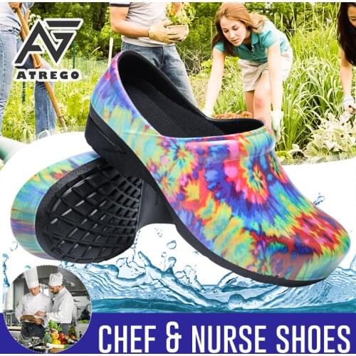 AtreGo Womens Colorful Hotel Kitchen Non-slip Chef Shoes Casual Flat Work Shoes Breathable Waterproof Kitchen Cook Medical Shoes
