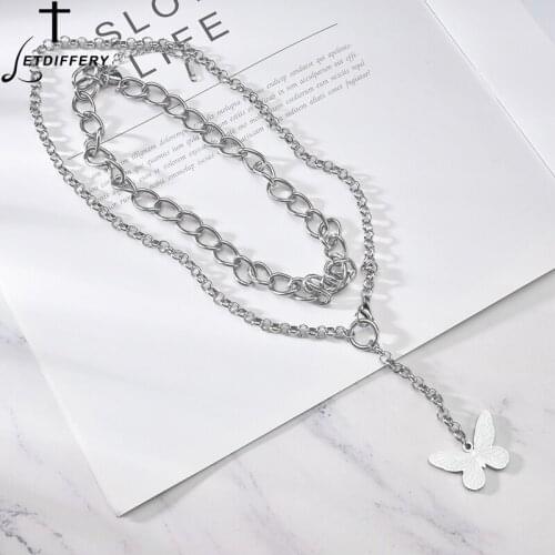 Letdiffery Sweet Multilayer Butterfly Pendant Necklace Stainless Steel Vintage Chain for Women Silver Color Annivensary Gift