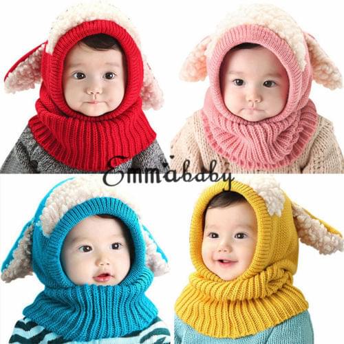 Baby Toddler Girls Boys Warm Hat Winter Beanie Hooded Scarf Earflap Knitted Cap One Size