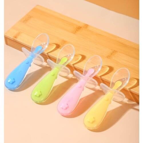 Babies Training Spoon With Suction Cup Children Tableware Infant Feeding Liquid Silicone Non-slip Baby Spoon Utensils