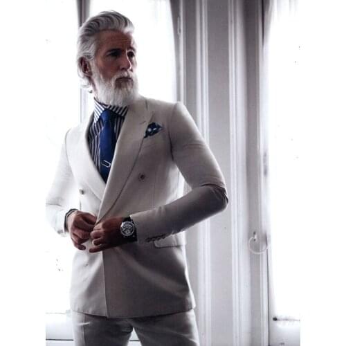 Double Breasted White Gentleman Suit Slim Fit Mens Wedding Prom Dinner Suits 2 Pieces Groom Tuxedos Best Man Blazer