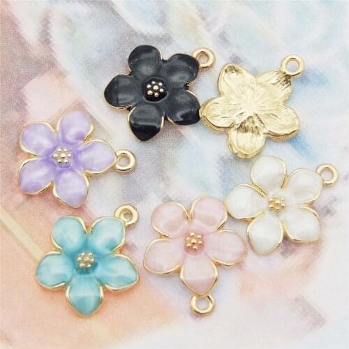 Julie Wang 20pcs Enamel Flower Charm For Earrings Bracelet Keychain Jewelry Making Pendant Black Blue White Pink Alloy Charms