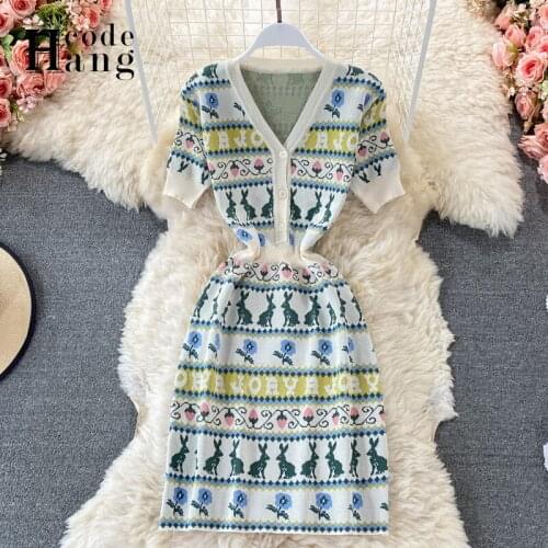 HangCode Brand Fashion Cartoon Rabbits and Letters Knitted Striped Women Dress 2021 Summer Vintage Ladies Dresses Vestidos