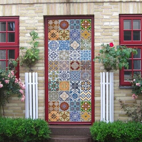 Colorful Porcelain Tile Imitation Door Decoration Decals Creative Waterproof Door Stickers DIY Living Room Home Decorative Mural