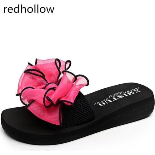Summer Woman Shoes Fashion Bowtie Platform Bath Slippers Wedge Beach Flip Flops High Heel Slippers for Women Lady Shoes Comfort