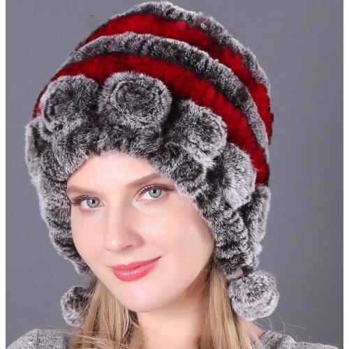 Russian Female Girls Fur Headgear Brand Fashion Warm Beanies Cap Women Fur Hat For Winter Natural Rabbit Fox Fur Cap with Ball