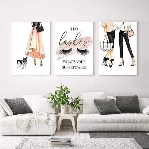 Fashion Girl With A Dog Canvas Painting Nordic Poster and Print Sketch Eyelashes Wall Art Picture For Bedroom Salon Studio Decor