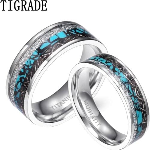 Tigrade 6/8mm Couple Ring Mens Titanium Ring Blue Black Silver Color Inlay Wedding Band High Polished Engagement Rings Women