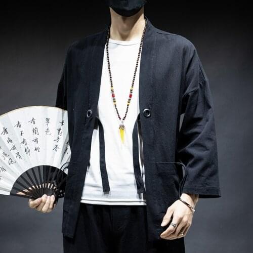 2021 Harajuku Kimono Cardigan Men Cotton Linen Casual Jackets Male Open Stitch Solid Chinese Style Mens Jacket Outwear KK3526
