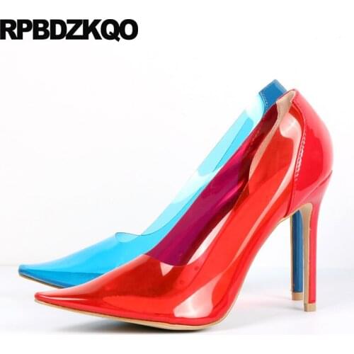 Super red stiletto pumps clear ultra exotic dancer high heels blue sexy pointed toe shoes big size transparent extreme scarpin