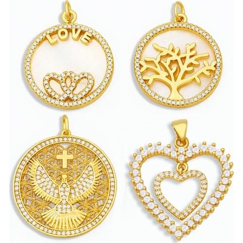 OCESRIO Shell CZ Brass Tree of Life Necklace Charms for Jewelry Making Coin LOVE Pendant Charms for Women Accessories pdta262