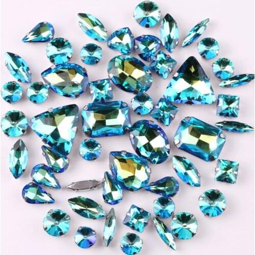 Silver claw settings 50pcs/bag shapes mix Lt sapphire rainbow glass crystal sew on rhinestone wedding dress shoes bags diy trim