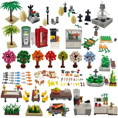 City Series Tree Drinking Fountain Dining Table Bamboo Fish Tank Model Toys Educational Building Blocks Suitable for Kids Cities