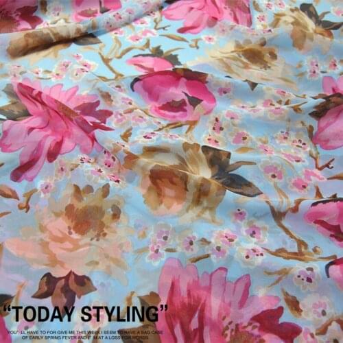 LEO&LIN 12 M Light Blue Beautiful Flower Silk Georgette Chiffon Clothing Fabric DIY Patchwork Tissue