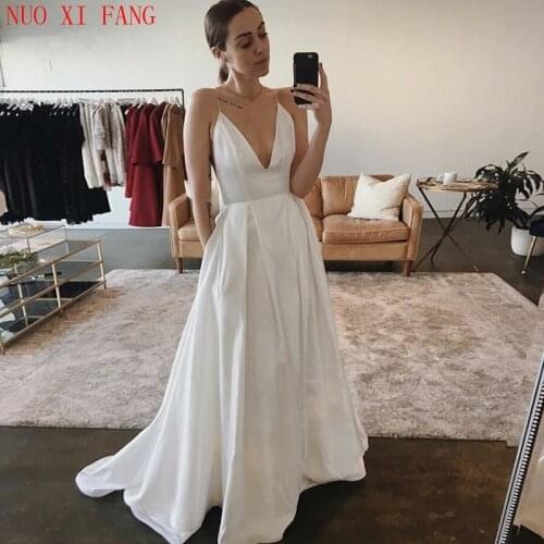 A Line Sexy Deep V Neck Spaghetti Straps Wedding Dress Backless Wedding Gown Satin Bridal Dress 2020 Vestido De Noivas Casamento